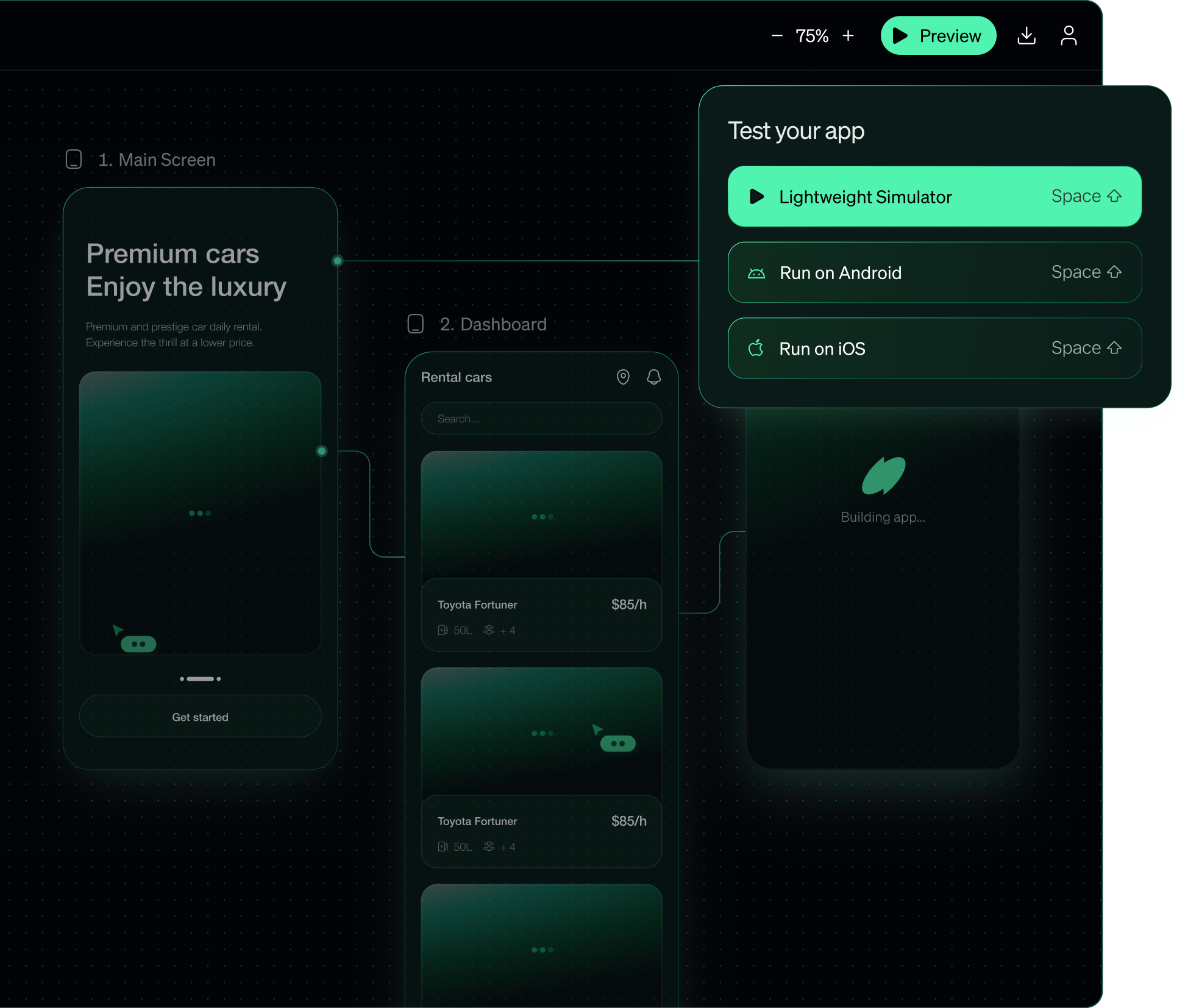 Sweetlane canvas with a Test your app panel offering simulator, Android and iOS runs